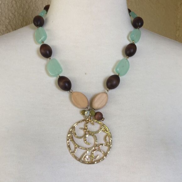 Necklace Wood and Stone‎ w/Gold Brown and Green - Picture 2 of 7
